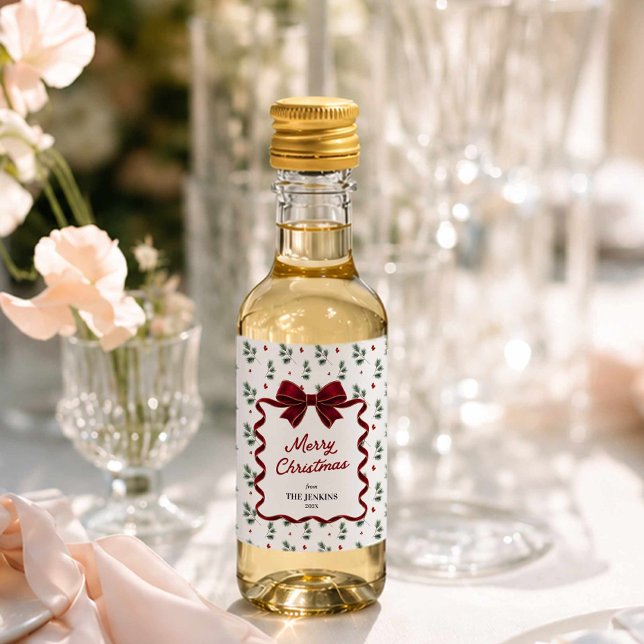 Personalized Merry Christmas Party Favour Wine Label (Merry Christmas Red Bow and winter greenery mini wine label party favors
)