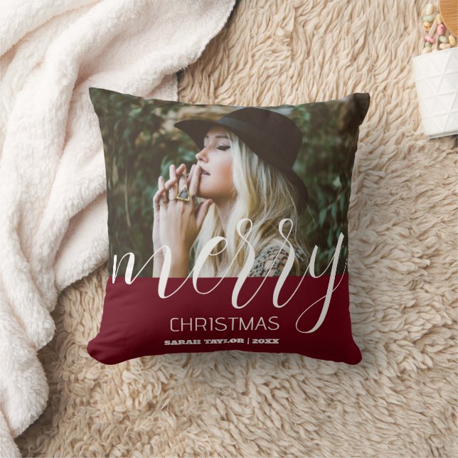 Personalized Merry Christmas Photo Name Burgundy  Throw Pillow (Blanket)