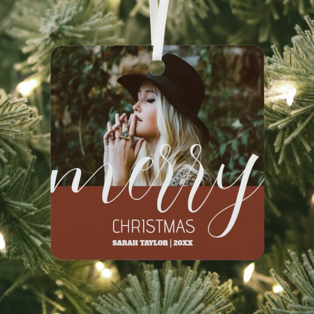 Personalized Merry Christmas Photo Script Name   Metal Ornament (Insitu)