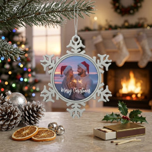 Personalized Merry Christmas Photo Snowflake Snowflake Pewter Christmas Ornament