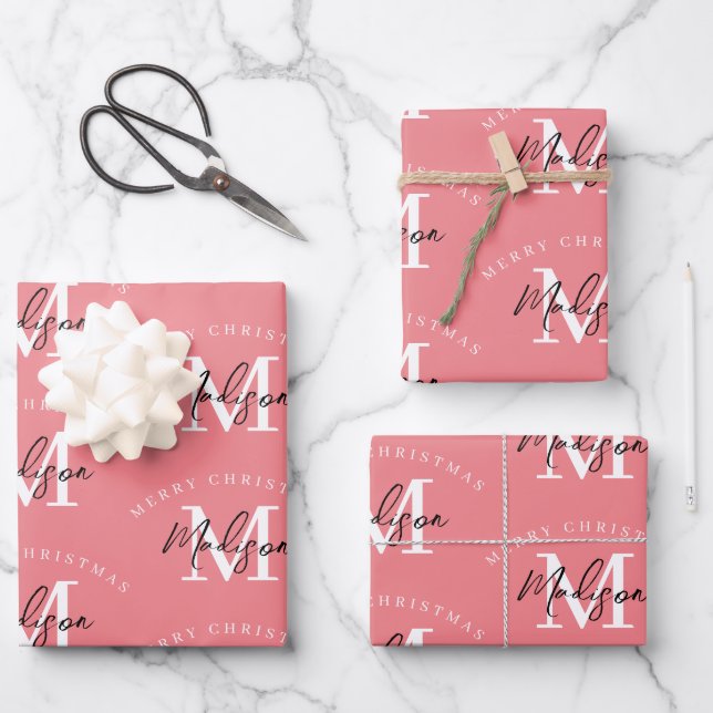 Personalized Merry Christmas Pink Monogram Wrapping Paper Sheet (Front)