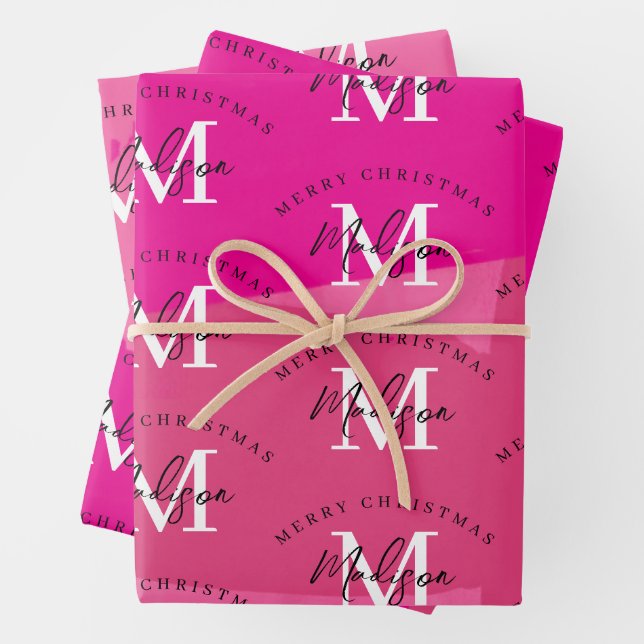 Personalized Merry Christmas Pink Paint Monogram  Wrapping Paper Sheet (In situ)