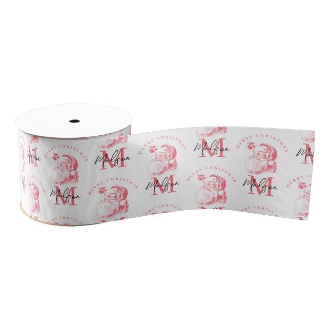 Personalized Merry Christmas Pink Santa Monogram Grosgrain Ribbon (Spool)