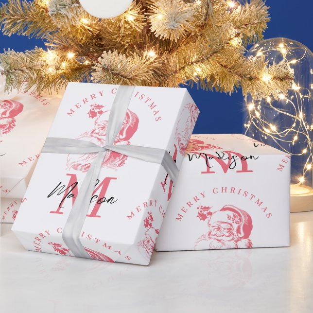 Personalized Merry Christmas Pink Santa Monogram Wrapping Paper (Holidays)