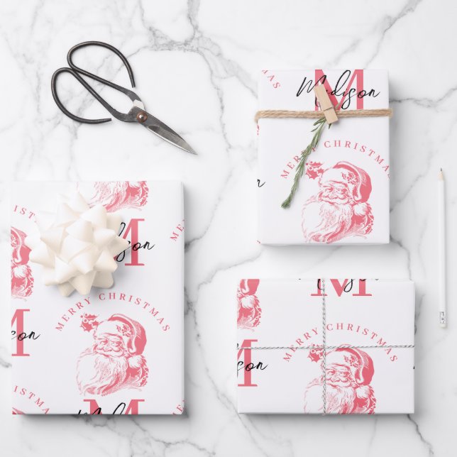 Personalized Merry Christmas Pink Santa Monogram Wrapping Paper Sheet (Front)