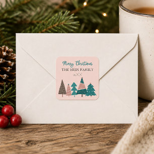 Personalized Merry Christmas Pink Trees Square Sticker