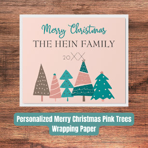 Personalized Merry Christmas Pink Trees Wrapping Paper