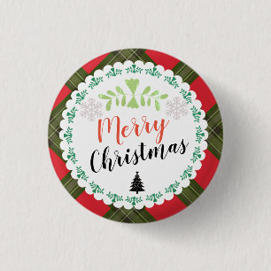 Personalized Merry Christmas Plaid Button