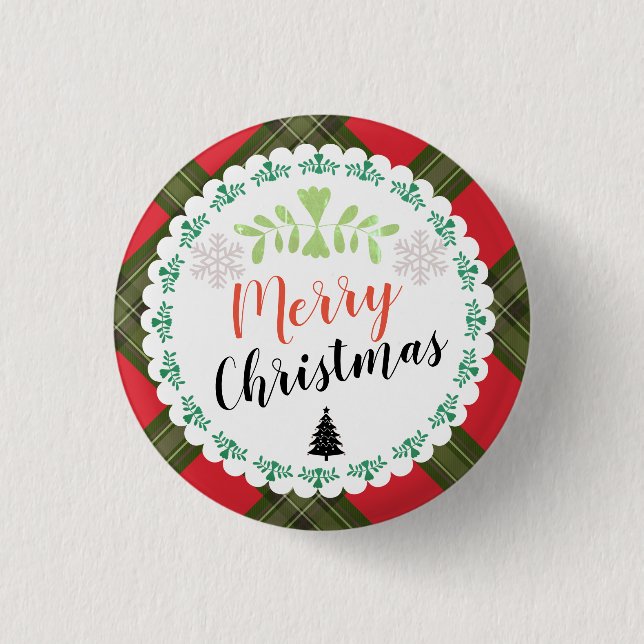 Personalized Merry Christmas Plaid Button (Front)