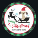 Personalized Merry Christmas Puppy Santa Sleigh Classic Round Sticker<br><div class="desc">Christmas Stickers. Personalized Stickers Sheet. Add your own custom name,  monogram,  quote or saying. You can change the background colour.</div>