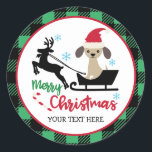 Personalized Merry Christmas Puppy Santa Sleigh Classic Round Sticker<br><div class="desc">Christmas Stickers. Personalized Stickers Sheet. Add your own custom name,  monogram,  quote or saying. You can change the background colour.</div>