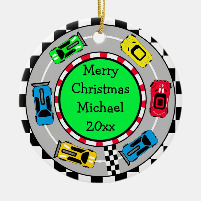 Personalized Merry Christmas Race Car Themed Ceramic Ornament (Front)