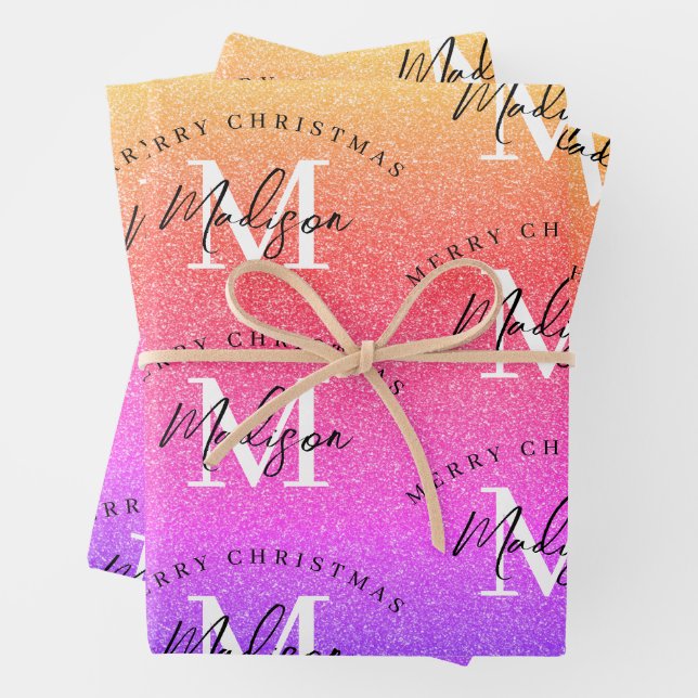 Personalized Merry Christmas Rainbow Monogram Wrapping Paper Sheet (In situ)