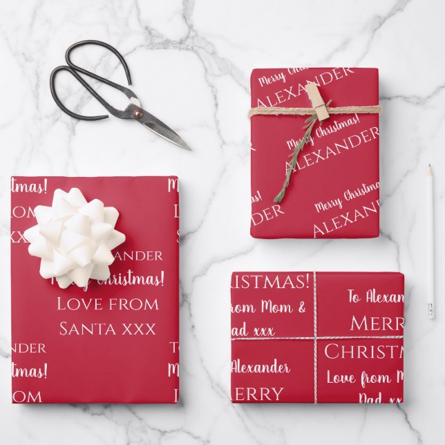 Personalized Merry Christmas Red Festive Wrapping Paper Sheet (Front)