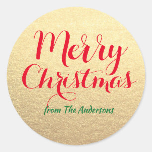 Personalized Merry Christmas Red Green Gold Gift  Classic Round Sticker