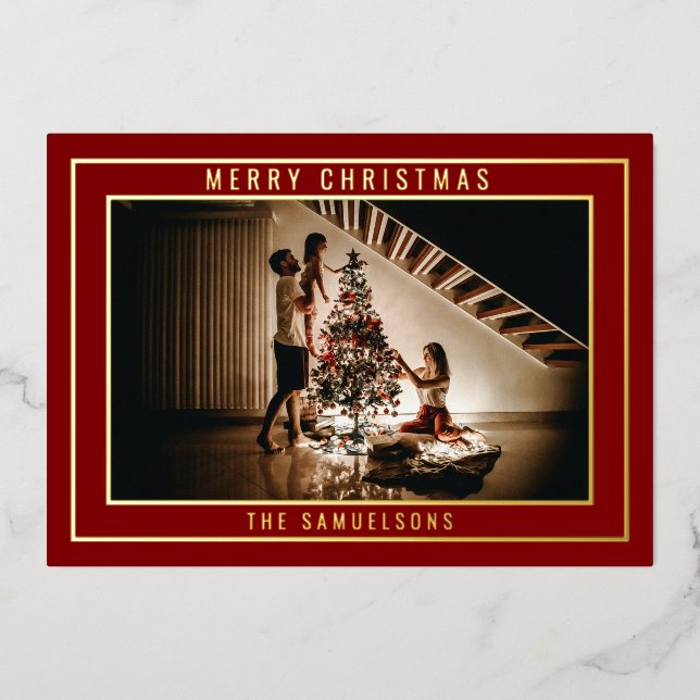Personalized Merry Christmas Red Greeting | PHOTO Foil Holiday Card (Front)