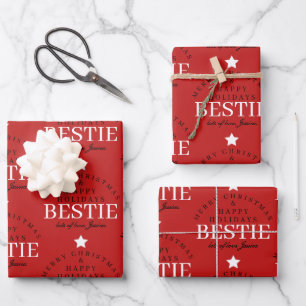 Personalized Merry Christmas Red Monogram Bestie Wrapping Paper Sheet