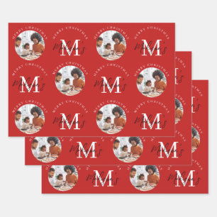 Personalized Merry Christmas Red Monogram Photo Wrapping Paper Sheet
