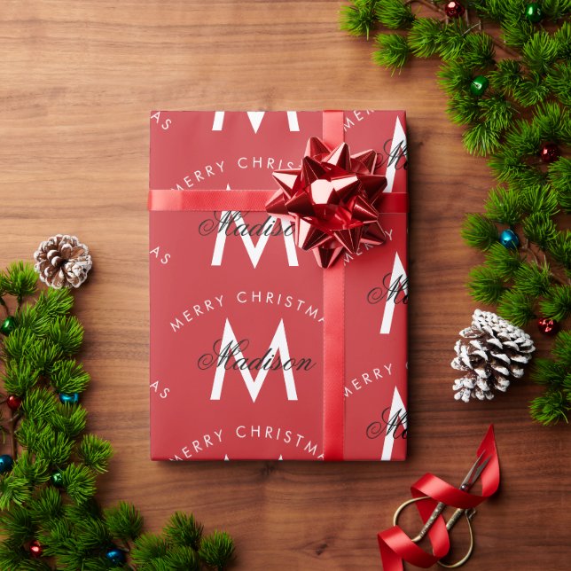 Personalized Merry Christmas Red Monogram Wrapping Paper (Holiday Gift)