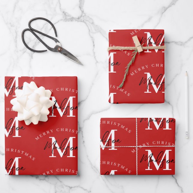 Personalized Merry Christmas Red Monogram Wrapping Paper Sheet (Front)