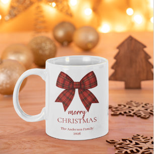 Personalized Merry Christmas Red Plaid Bow Large Coffee Mug