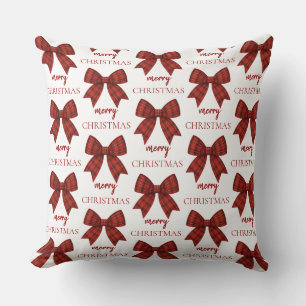 Personalized Merry Christmas   Red Plaid Bow Throw Pillow
