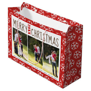 Personalized Merry Christmas red snowflake photo Large Gift Bag