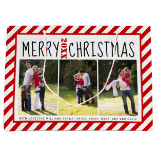 Personalized Merry Christmas red stripes photo Large Gift Bag