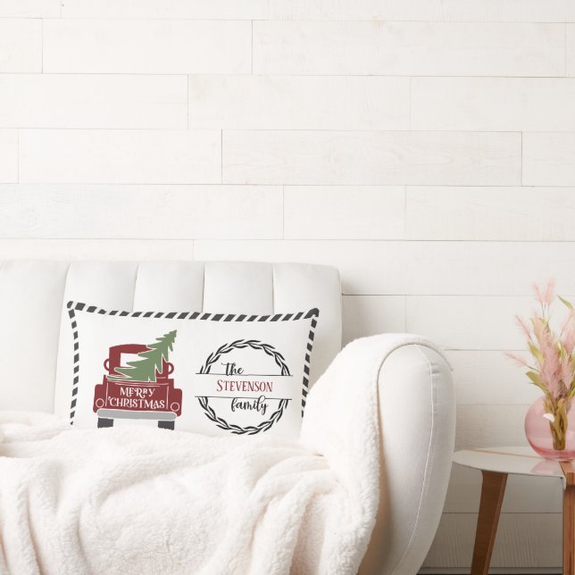 Personalized Merry Christmas Red Truck Holiday Lumbar Pillow (Couch)