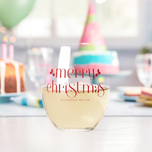 Personalized Merry Christmas Red Typography Stemless Wine Glass