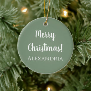Personalized Merry Christmas Sage Green Ceramic Ornament