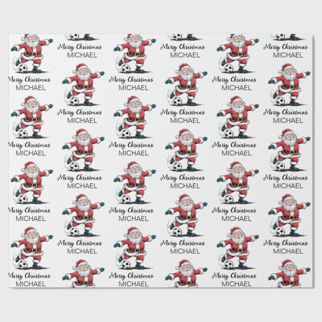 Personalized Merry Christmas Santa Claus Soccer    Wrapping Paper (Flat)