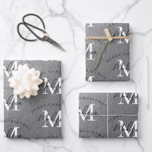 Personalized Merry Christmas Silver Monogram  Wrapping Paper Sheet