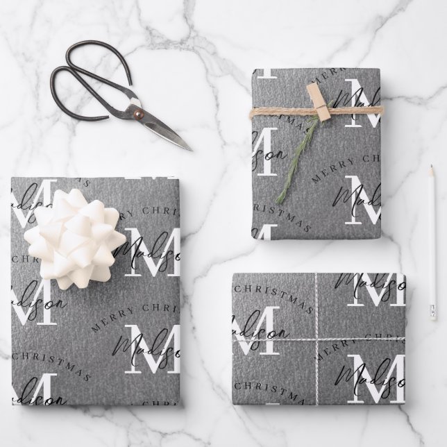 Personalized Merry Christmas Silver Monogram  Wrapping Paper Sheet (Front)