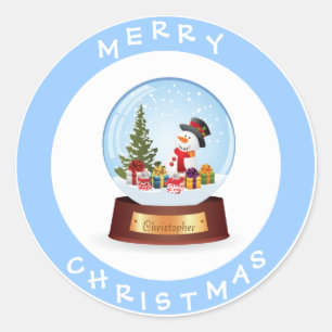 Personalized Merry Christmas Snowman Snowglobe Classic Round Sticker