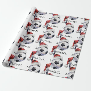 Personalized Merry Christmas Soccer Ball Santa     Wrapping Paper