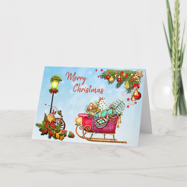 Personalized Merry Christmas Street Light & Sled Card (Front)