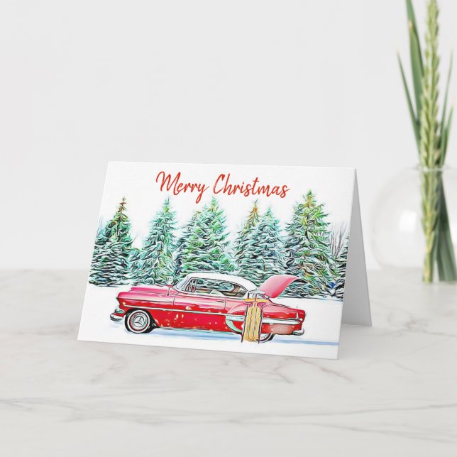 Personalized Merry Christmas Vintage Car and Gifts Card (Front)