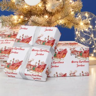 Personalized  Merry Christmas Watercolor Santa Wrapping Paper