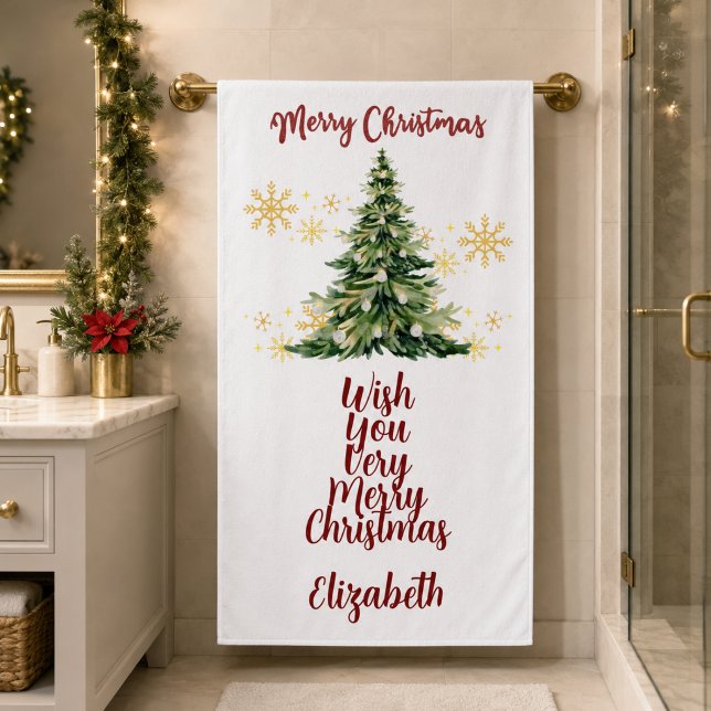 Personalized Merry Christmas Watercolor Tree Bath Towel (Creator Uploaded)