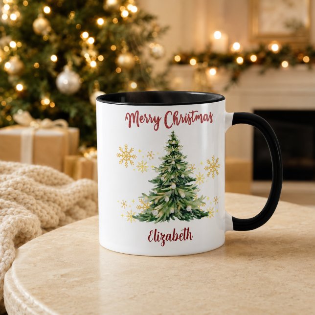 Personalized Merry Christmas Watercolor Tree Name Mug (Creator Uploaded)