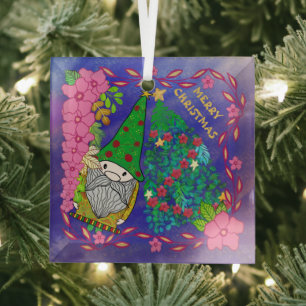 PERSONALIZED MERRY CHRISTMAS WITH GNOME XMAS TREE GLASS ORNAMENT