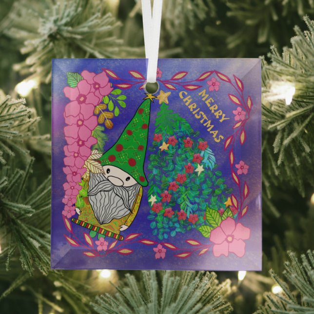 PERSONALIZED MERRY CHRISTMAS WITH GNOME XMAS TREE GLASS ORNAMENT (Insitu)