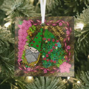 PERSONALIZED MERRY CHRISTMAS WITH GNOME XMAS TREE GLASS ORNAMENT