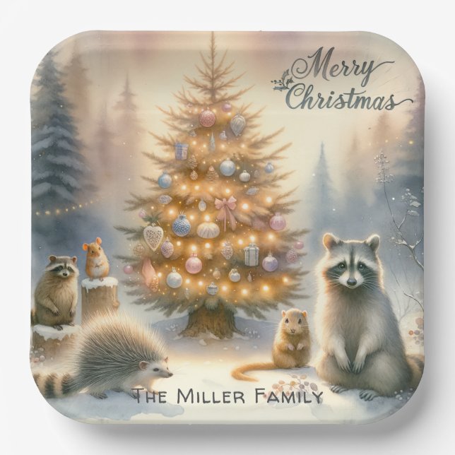 Personalized Merry Christmas Woodland Animals  Paper Plate (Front)