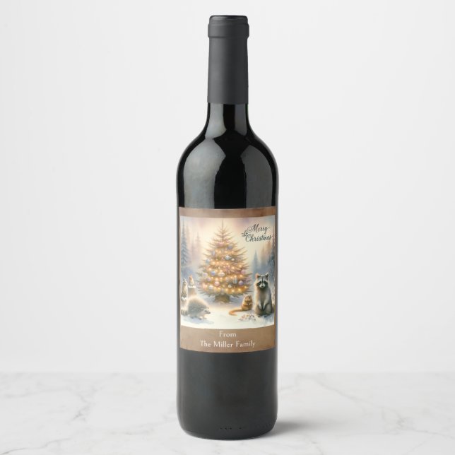 Personalized Merry Christmas Woodland Watercolor,  Wine Label (Front)