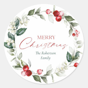 Personalized Merry Christmas Wreath Gift Stickers