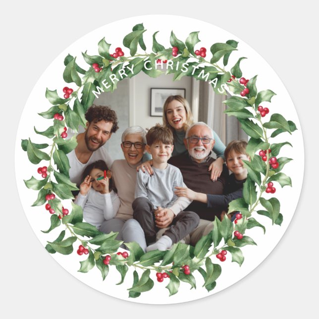 Personalized Merry Christmas Wreath Photo Classic Round Sticker (Front)
