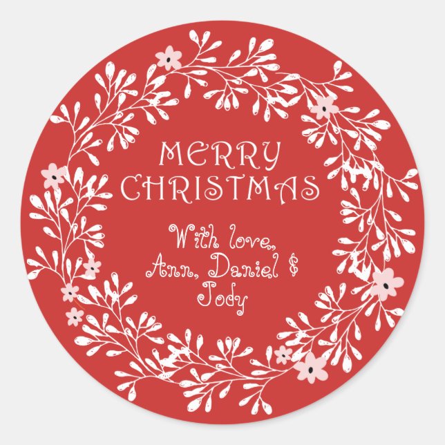 Personalized Merry Christmas Wreath Red and White Classic Round Sticker (Front)