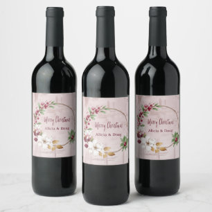 Personalized Merry Christmas Wreath Rose Gold  Wine Label